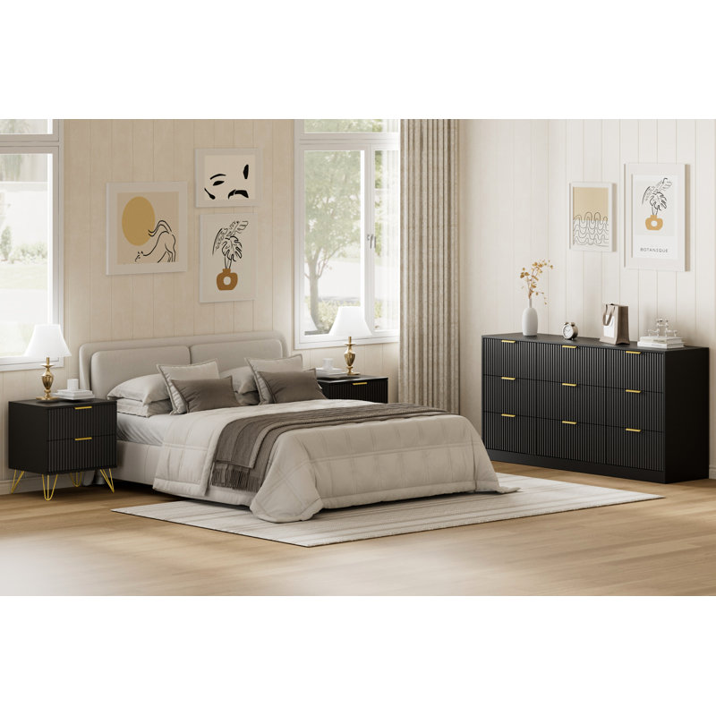 Ensemble de commode et table de chevet 3 pièces pour chambre à coucher, commode cannelée 9 tiroirs de 63 po