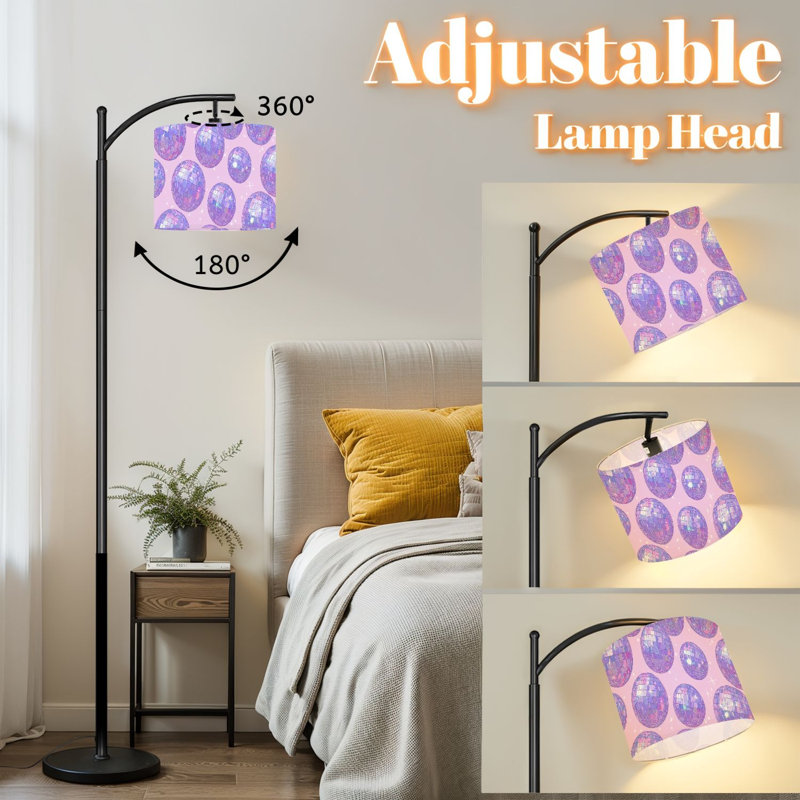 Lampe sur pied à arc avec abat-jour réglable rétro mauve rose disco sur pied 3 températures de couleur à haut gradateur avec interrupteur au pied pour la chambre à coucher
