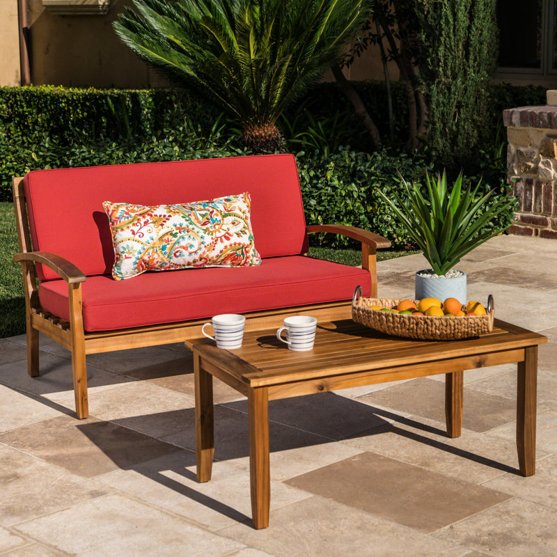 Causeuse de patio et table basse, couleur principale, bois, coussins d'eau, l 52,29 po x P 32,13 po, H 31,25 po