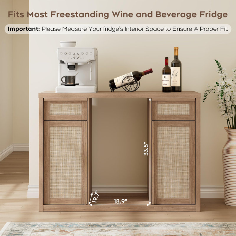 50.4" Rattan Boho Coffee Bar Cabinet with Mini Fridge Space, Wine Storage & Charger Station, Natural