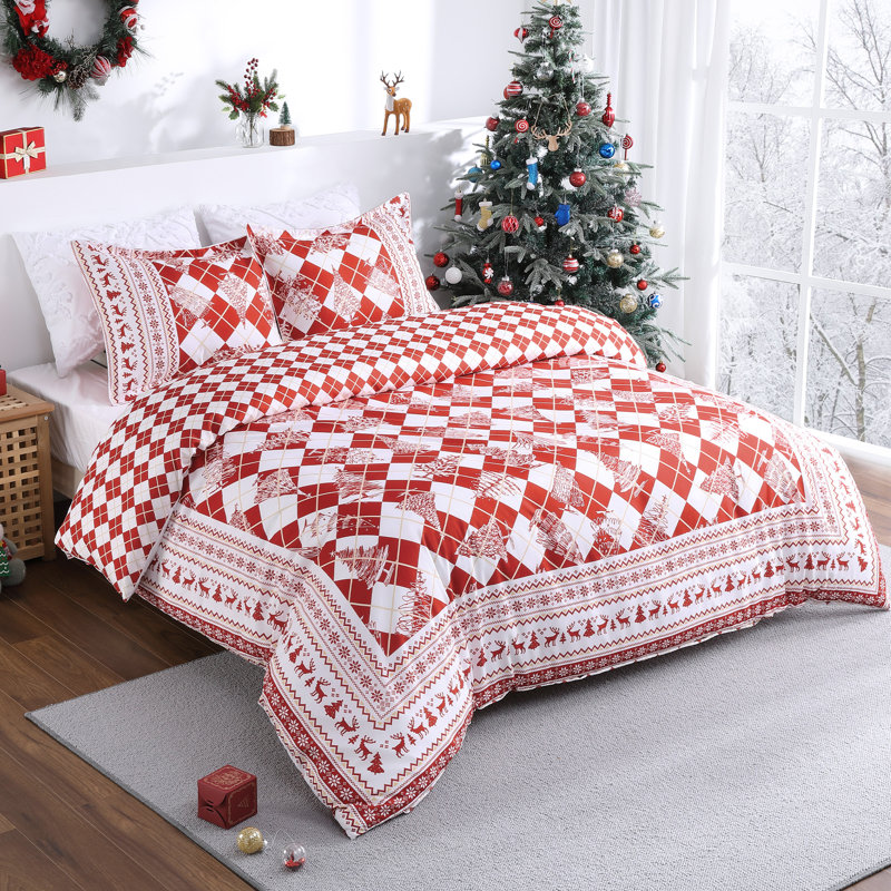 Housse de couette de Noël grand format, linge de lit en microfibre imprimé en patchwork pour les fêtes, fermeture à boutons et 8 attaches aux coins