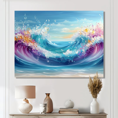Encre rose et bleue «Oceanic Waves I» - art mural côtier en métal, reproduction d'art nautique en métal