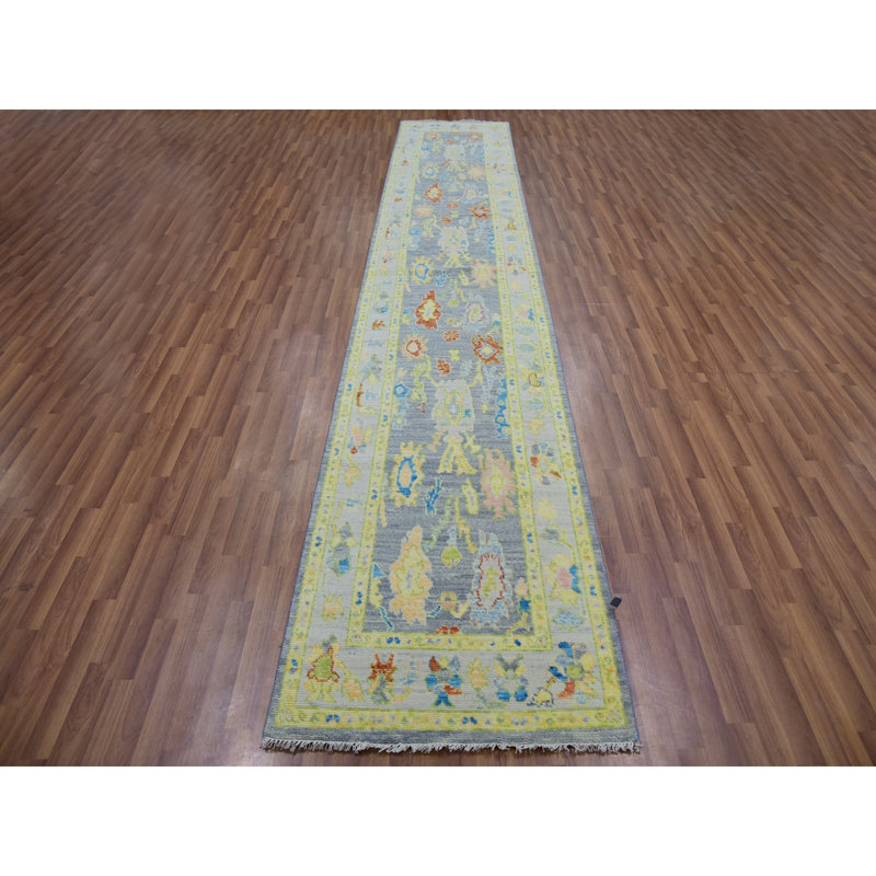 Tapis de couloir gris en laine noué à la main 2 pi 10 po x 15 pi 7 po Oushak