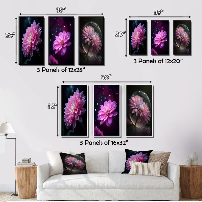 «Gouttes d'eau délicates sur pétales de dahlia roses», 3 pièces, Cadre flottant doré, H 28 po x l 36 po