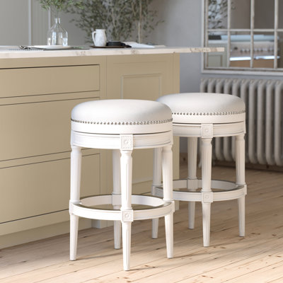 Pivot en bois sans dossier de 31 pouces avec pivot à 360 °, hauteur personnalisable, garniture cloutée appliquée à la main, repose-pieds en métal, blanc, revêtement gris, idéal pour le divertissement à domicile jusqu'au comptoir de 26 po, cadre blanc