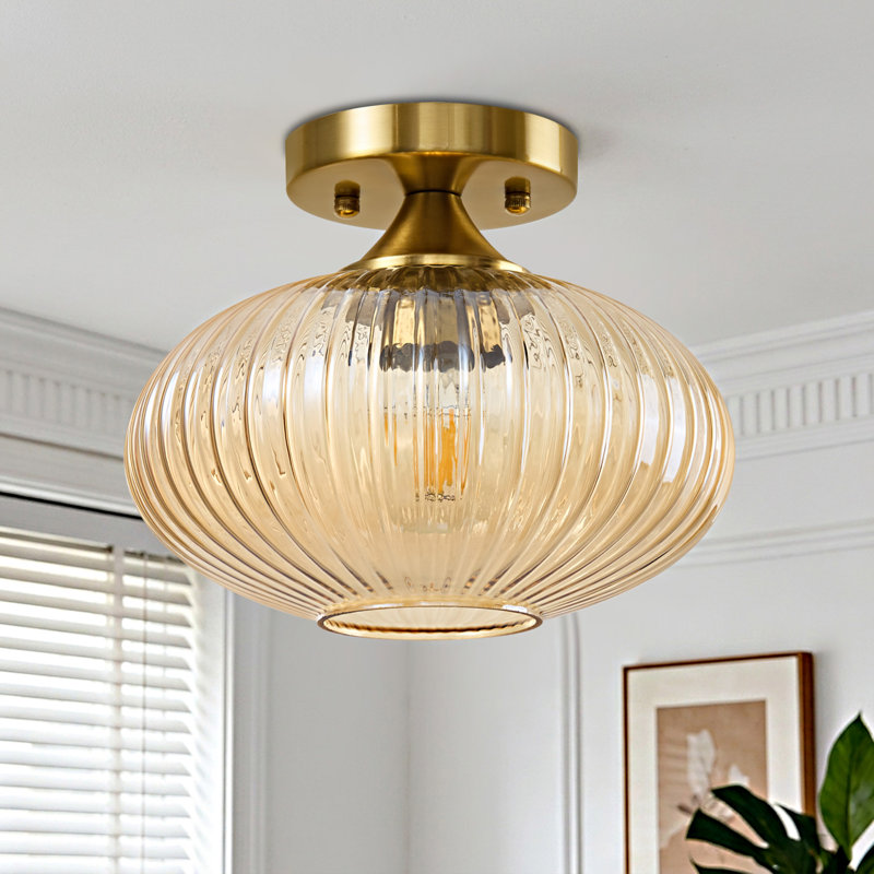 Vintage Green Ribbed Glass Flush Mount Ceiling Light - Gold Finish, E26 Compatible For Entryway, Hallway, Bedroom & Living Room