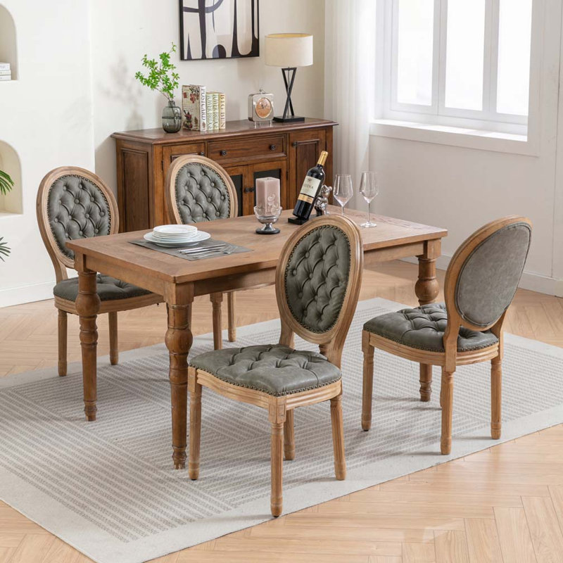 Faux Leather Upholstered Dining Chair Set with Nailed Head,  Tufted Back, Olive Green