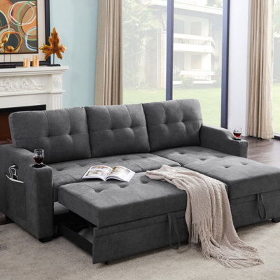 Canapé-lit 83 po en tissu tissé gris foncé avec porte-gobelet, port de chargement USB et poche