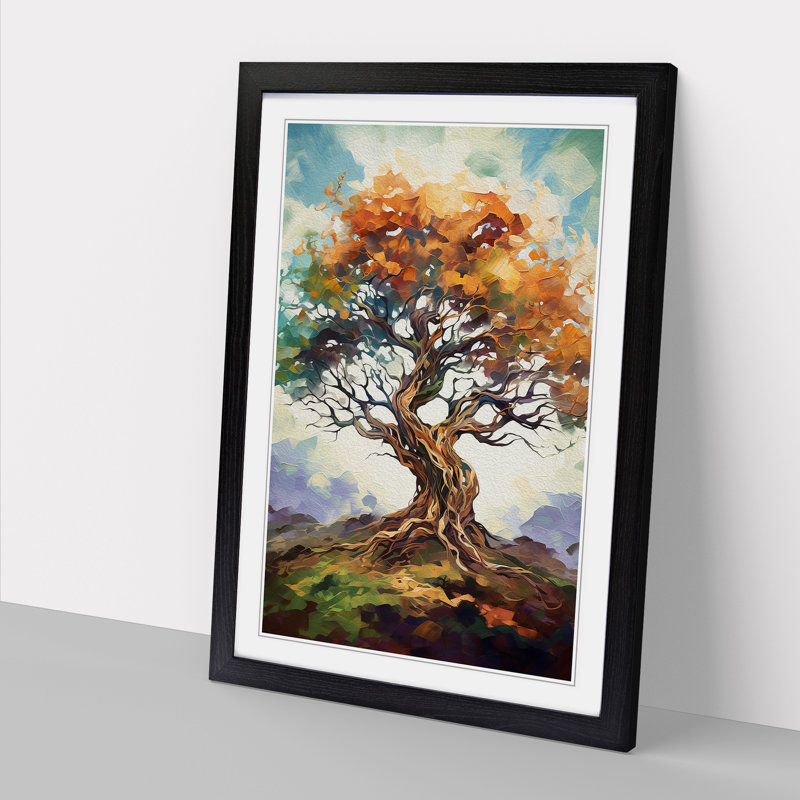 Oak Tree Gestural - Single Picture Frame Print on Wood, Black, 34cm H x 25cm W x 2cm D