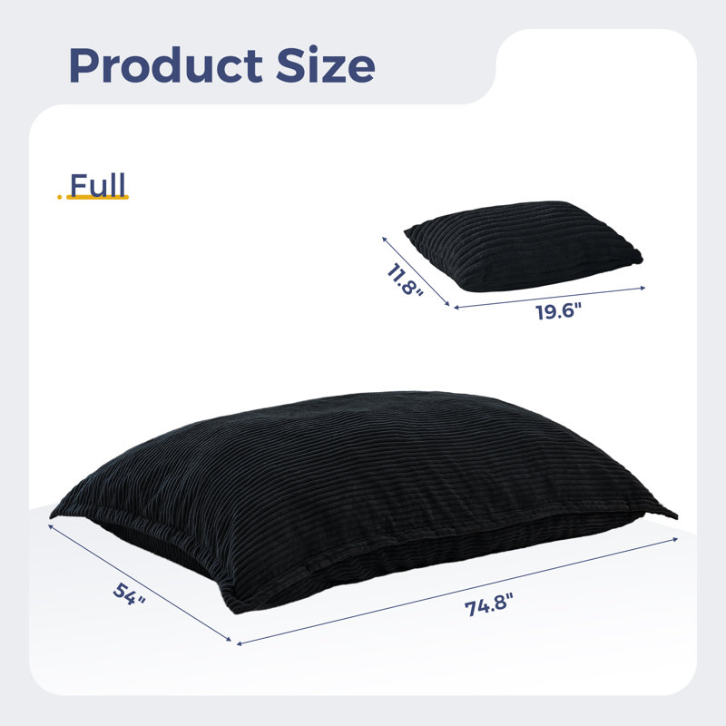 75" Balck Giant 3 In 1 Convertible Bean Bag Chair With Pillow, Black Corduroy