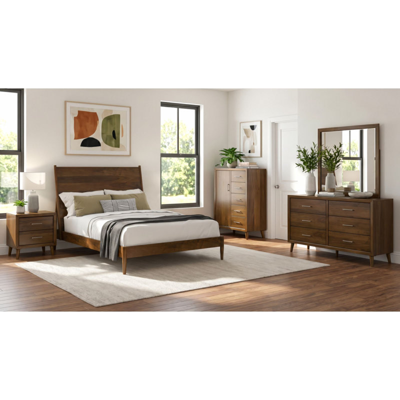 Ensemble de chambre à coucher à panneau William en noyer, Grand lit, 5 Pcs: Bed, Dresser, Mirror, Chest, Nightstand
