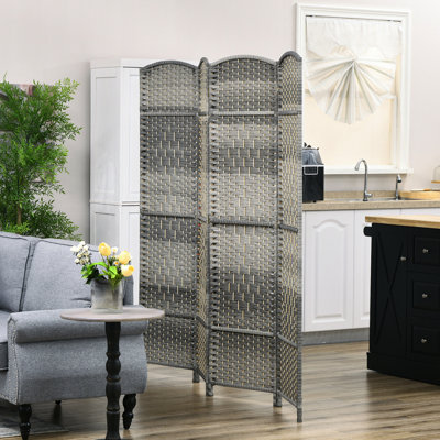 6' Tall Room Divider, 4 Panel Folding Privacy Screen. Mixed Gray Hand-Woven Freestanding Partition For Home. For Office, Bedroom. Lightweight, Foldable, . No Assembly Required