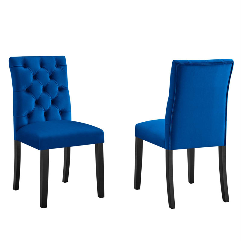 Elegant Navy Velvet Upholstered Dining Side Chair with Wooden Legs