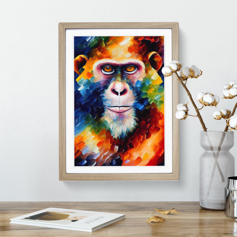 Monkey Portrait No.4 - Framed Print, 64cm H x 46cm W, Beige