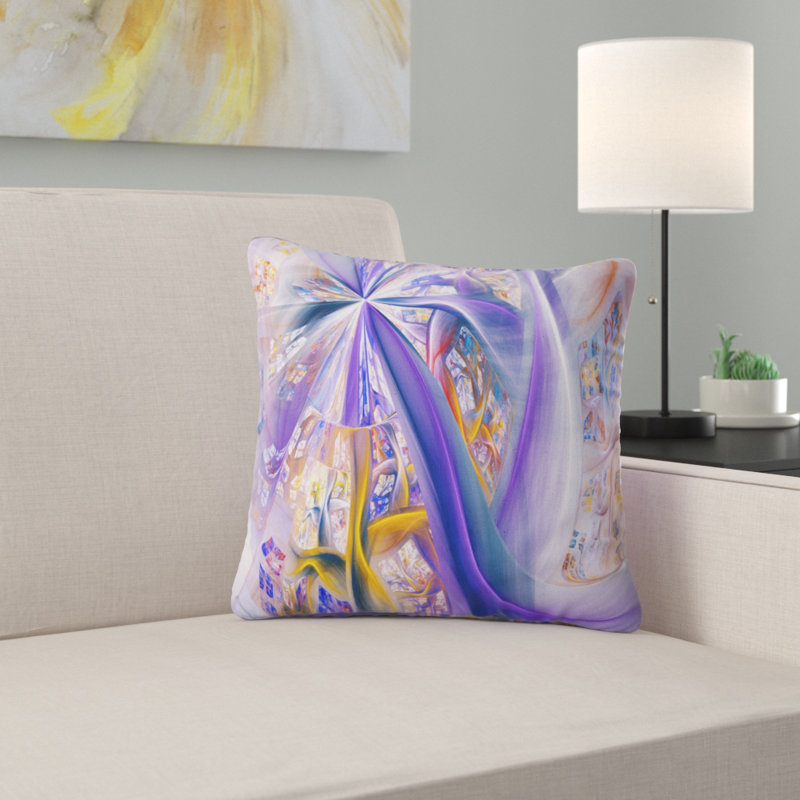 Courbes fractales mauves et jaunes - coussin imprimé abstrait, 16 po x 1 po, Coussin décoratif