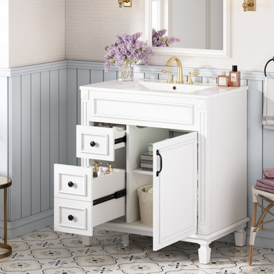 French Inspired 30" Bathroom Vanity With Ceramic Sink, Drawers Quiet Operation, And Adjustable Shelf 30 Inch Basin, Two Smooth - Glide Function,