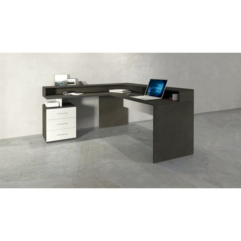 Basim L-Shaped Computer Desk, Grey/White