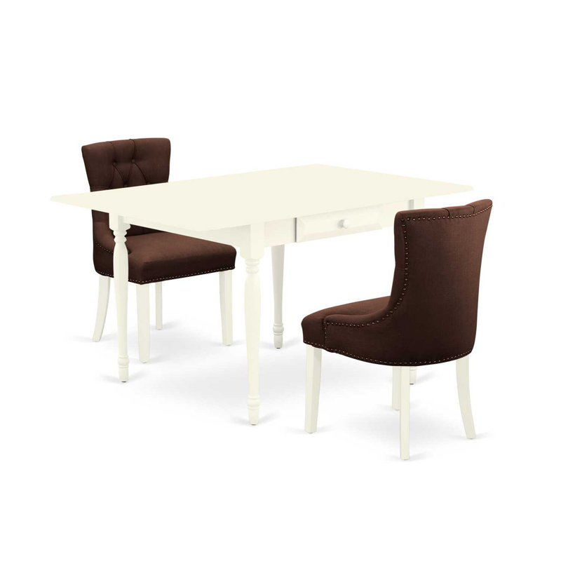 Ensemble de table de salle à manger en bois massif avec plateau Dropleaf, Lin blanc, 3 pièces: 1 table, 2 chaises