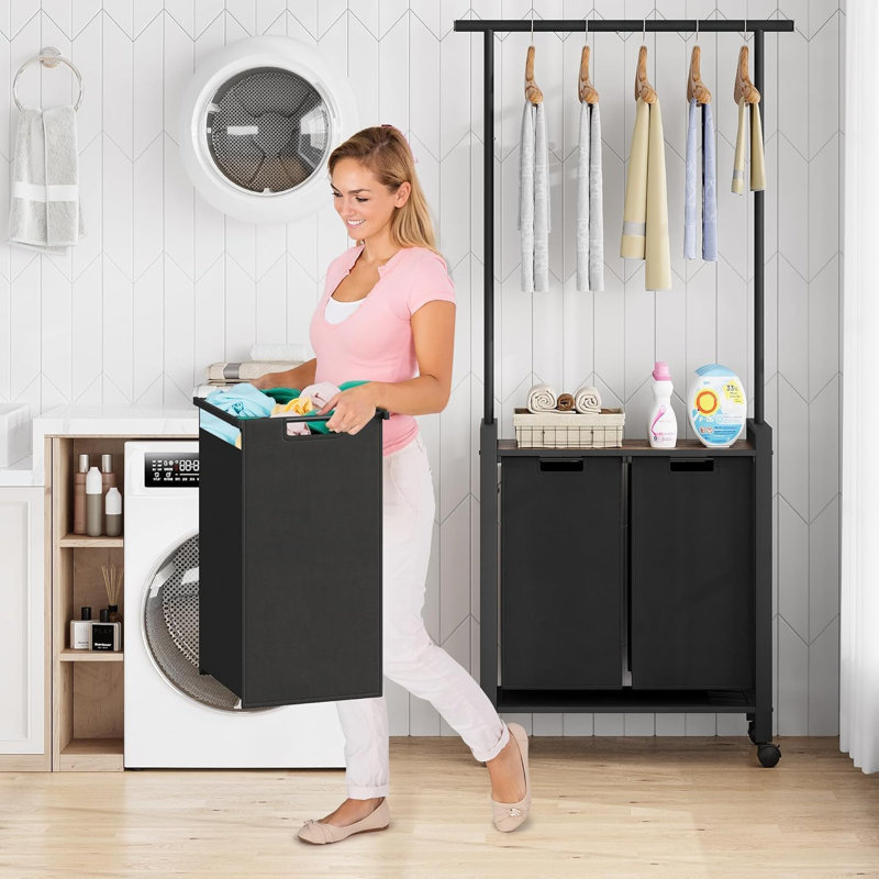 Laundry Sorter Cart with Hanging Rack, 2-Section Rolling Hamper with Shelf and Lockable Wheels for Laundry Room, Black