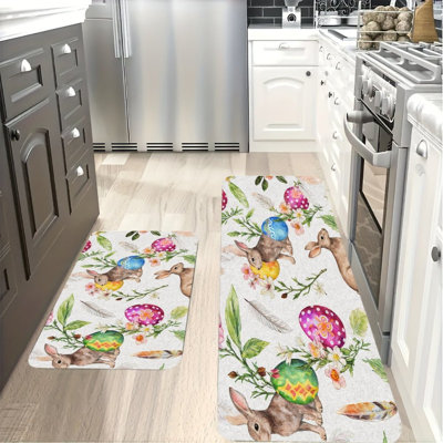 Lapins aquarelles et œufs floraux, 2 tapis de cuisine antidérapants
