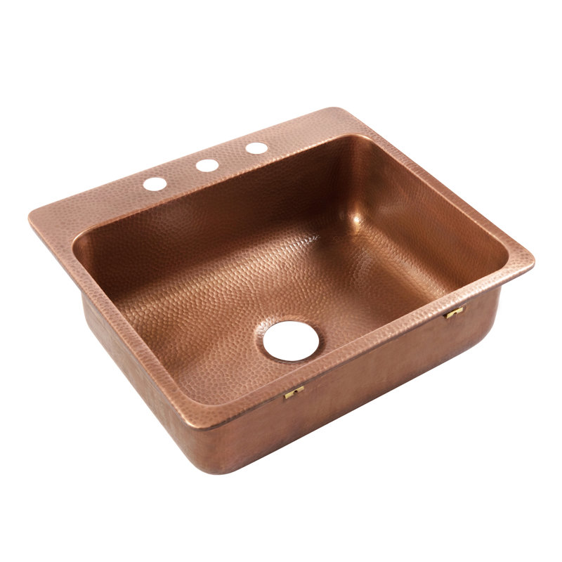Angelico Copper 25" Single Bowl Drop-In Kitchen Sink with 3 Holes, 3, 25", Antique Copper