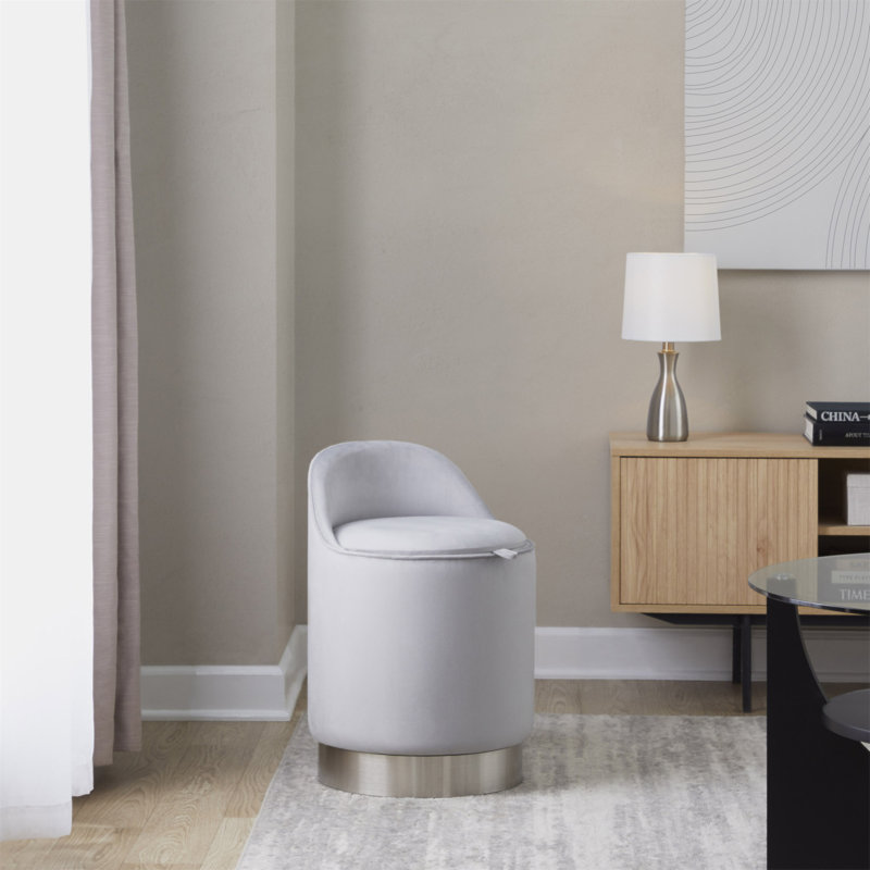 Tabouret de coiffeuse 18 po avec pivot en métal chromé et velours argenté, Gray, Argent