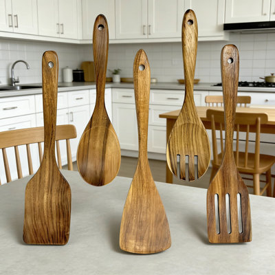 Acacia Wood Kitchen Utensil Set, 5-Piece Non-Stick Safe Cooking Tools With Spatula, Spoon, Turner For Frying, Stirring, And Serving