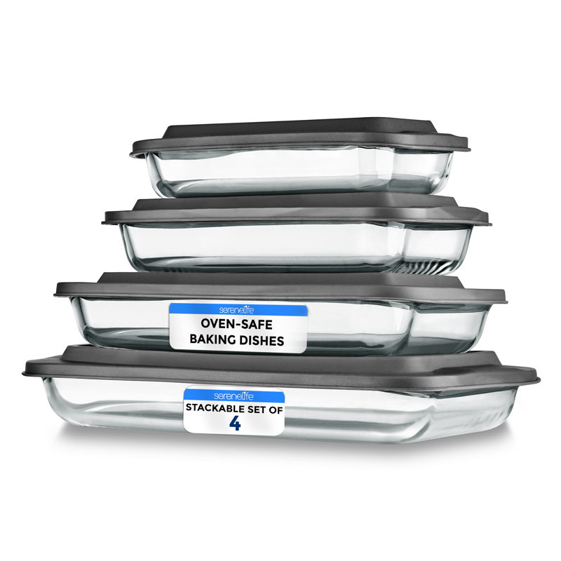 SereneLife 4 Piece Non-Stick Glass Bakeware Set, Gray