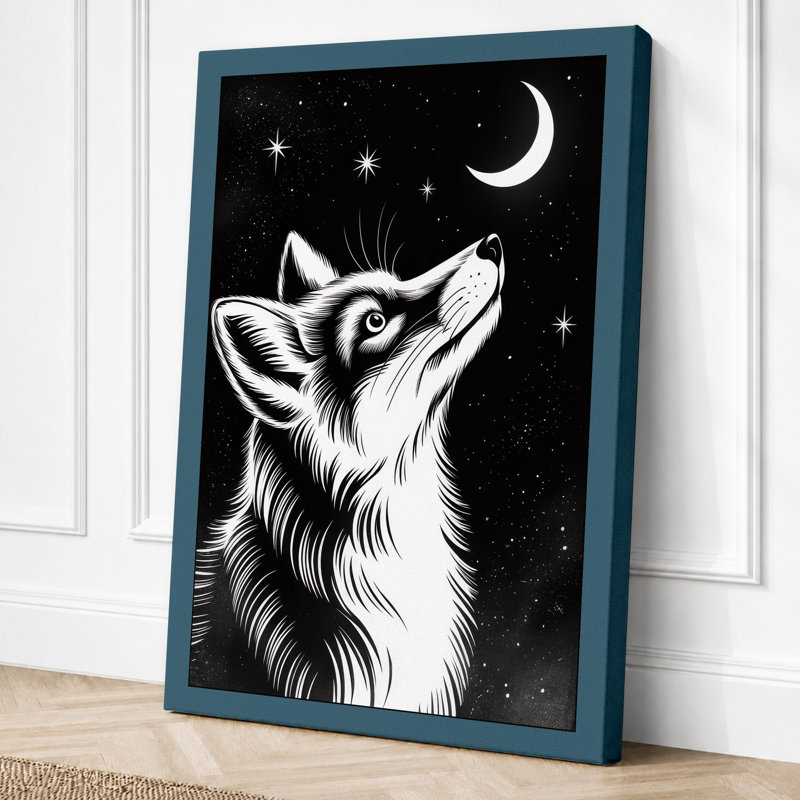 Fox Beneath The Moon Japandi - Print, 24x16 - 61.0 x 40.6 cm, Teal Border