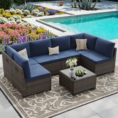Ensemble de conversation modulaire en osier pour 6 personnes avec coussins