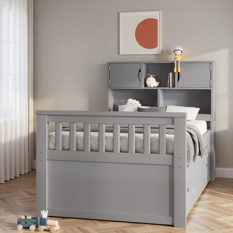 Lit plateforme avec tête de lit, compartiments de rangement et 4 tiroirs, gris