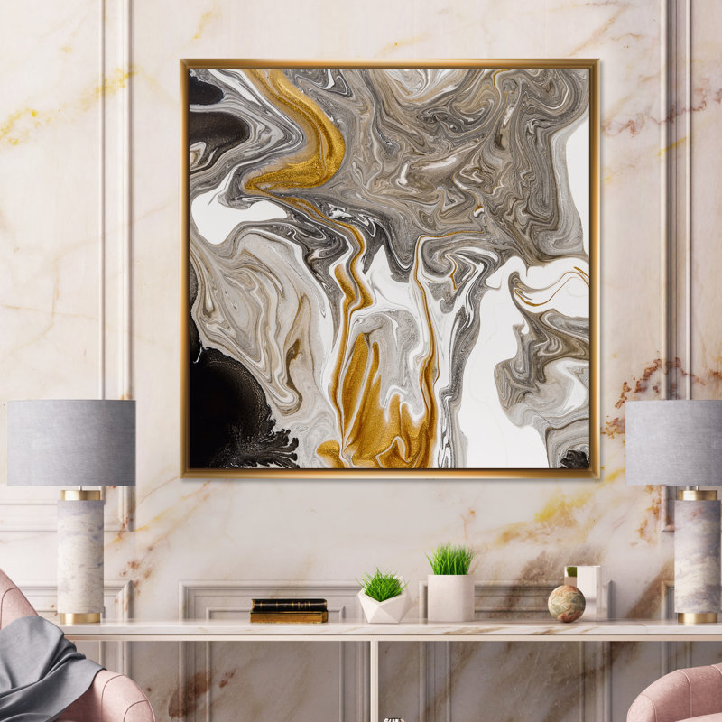 «Gold and Black Marble Waves III», reproduction d'art sur toile moderne, H 16 po x l 16 po x P 1 po, Cadre flottant doré