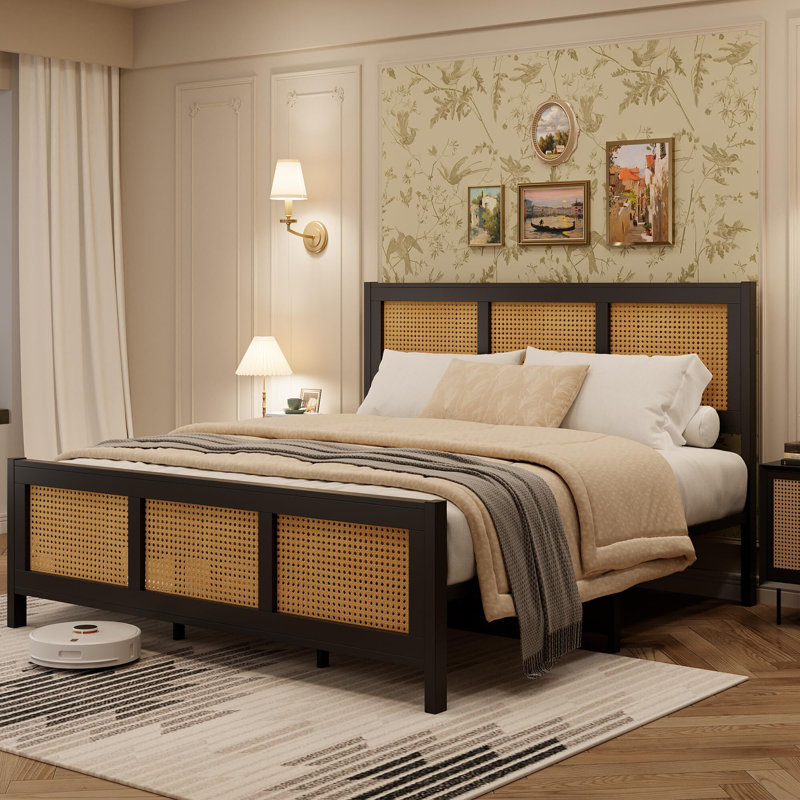 Rattan Bed Frame With Headboard, Boho Cane Platform Bed Frame With Strong Metal Slat, Noise Free, Queen, Black