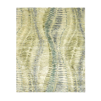 8'x9'10" Shades of Green, Crocodile Safari Design, 100% Silk, Densely Woven, Hand Knotted, Oriental Rug