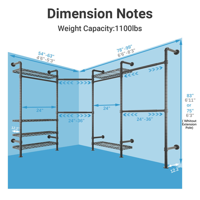 Timate L4 L-Shaped Heavy-Duty Garment Rack, Industrial Pipe Closet System with Expandable Design, Wall-Mounted Corner Wardrobe Kit ,Black