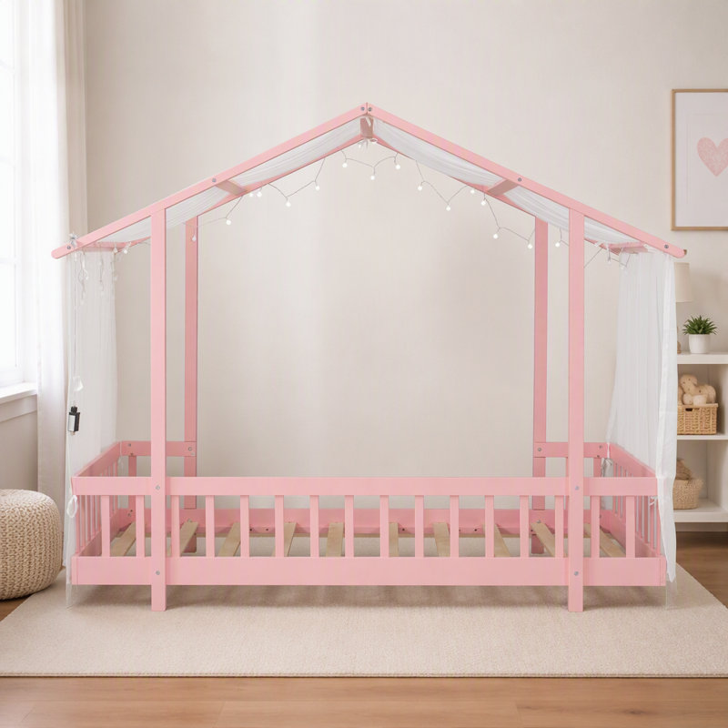 Lit plateforme simple avec baldaquin en tissu transparent et guirlande lumineuse, Twin, Pink