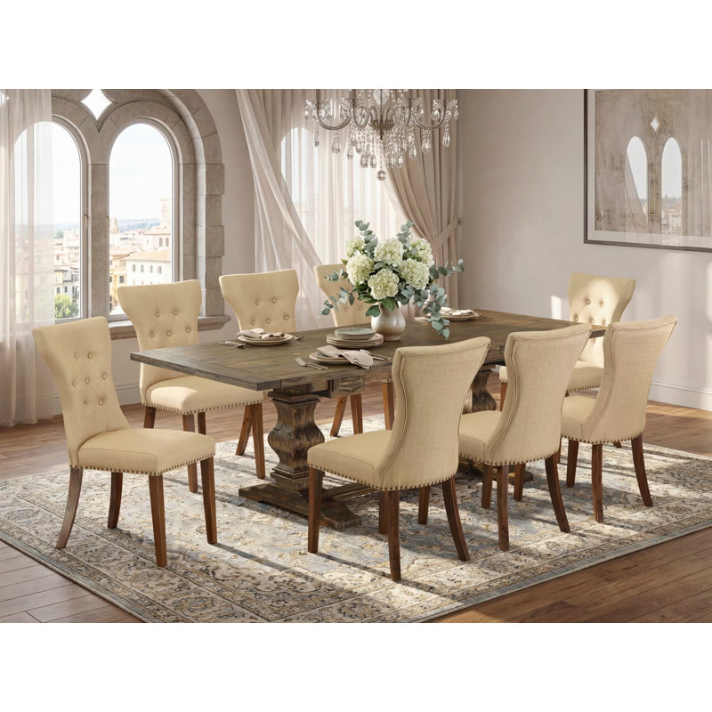 9 Piece Dining Table Set Includes a Rectangle Dining Room Table with Removable Leaf and 8 Brown Linen Fabric Upholstered Chairs, Distressed Jacobean