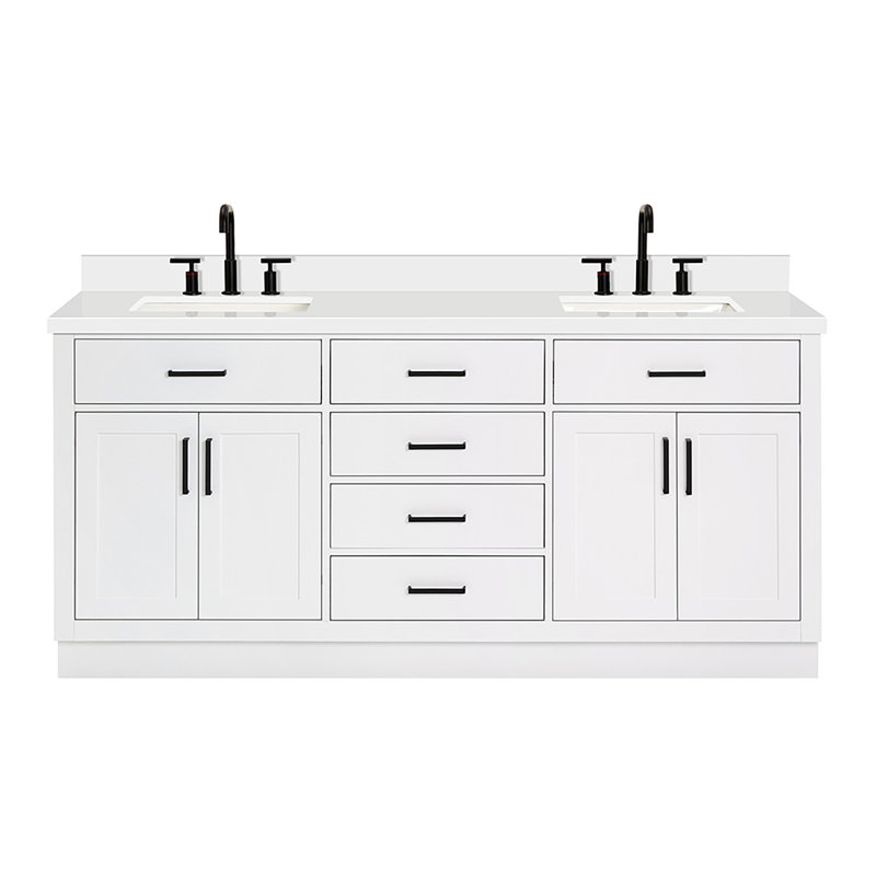 Tidworth 72'' Solid Wood Double Bathroom Vanity with 1.5'' White Quartz Top, Rectangular, Matte Black, White