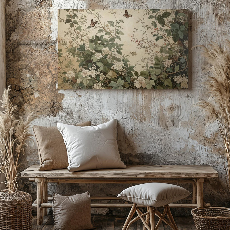 Toile rétro vintage botanique, fleurs de vignes et papillons sur toile, prêt à accrocher, H 11 po x l 14 po
