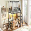 Lit mezzanine avec escalier de rangement et garde-robe, lit mezzanine en métal avec structure de baldaquin et éclairage DEL, grand espace de rangement sous le lit.