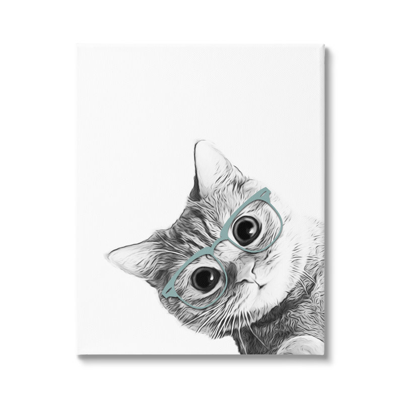 Monochrome Cat with Glasses Portrait Canvas Wall Art, 16 x 20