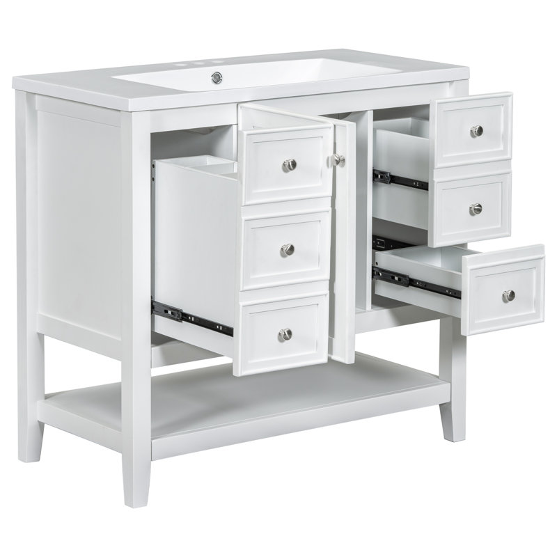 36" Solid Wood Bathroom Vanity Set - Sink, 1 Cabinet & 3 Drawers, White
