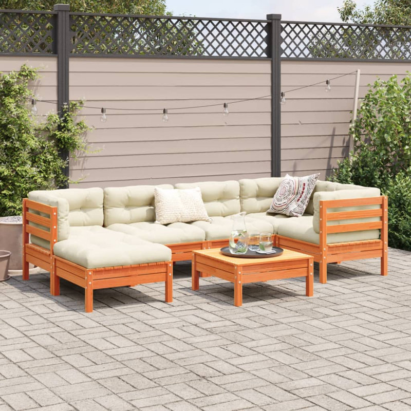  7 Piece Patio Sofa Set With Cushions Wax Brown Solid Wood Pine