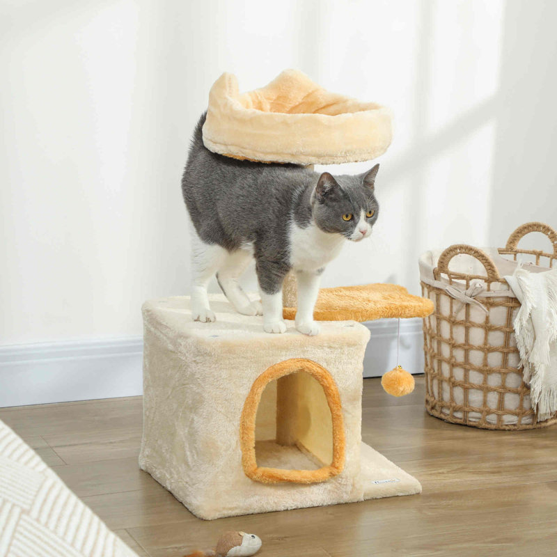 Tour pour arbre à chat 28 po avec lit moelleux, beige et jaune, Beige