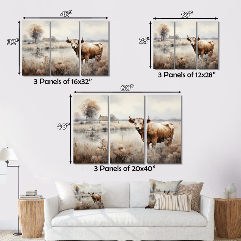 «Cow in the Meadow II» sur toile, reproduction de 3 pièces, H 28 po x l 36 po