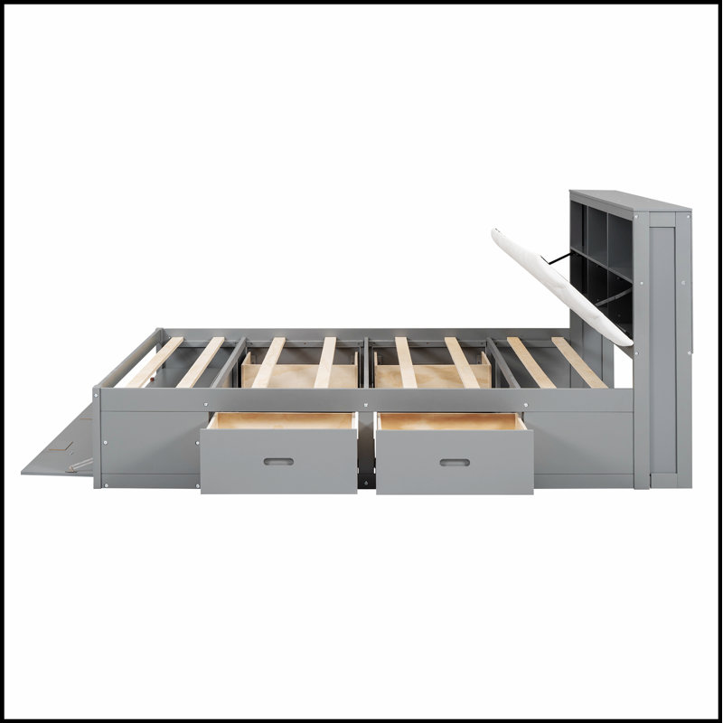 Lit plateforme en bois massif avec tête de lit, étagère à chaussures et 4 tiroirs pour une meilleure organisation, Gris