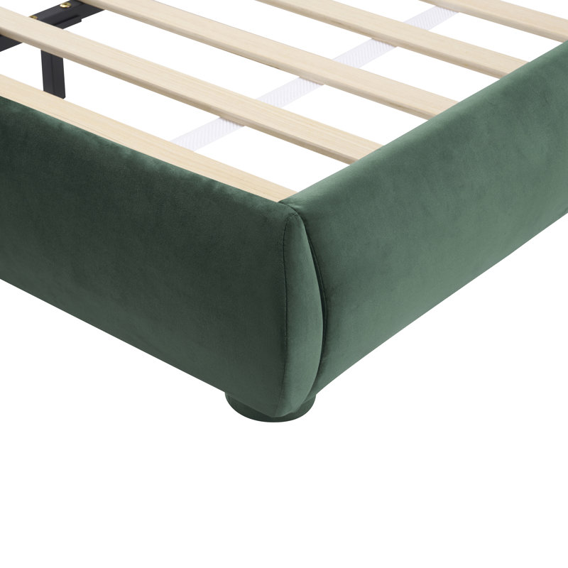 Liz Boucle Upholstered Bed With Curved Headboard & Wooden Frame, Queen, Green Velvet