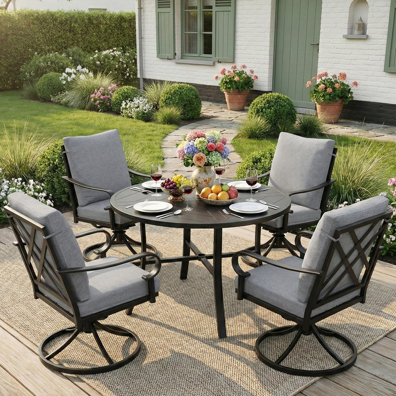 5-Piece Patio Dining Set – 38" Round Table + 4 Swivel Rocking Chairs