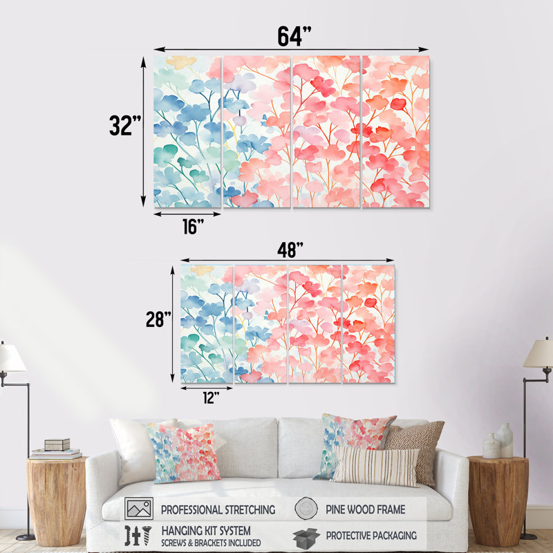 Aquarelle récif corail sérénité - corail, art mural 4 pièces, H 28 po x l 48 po