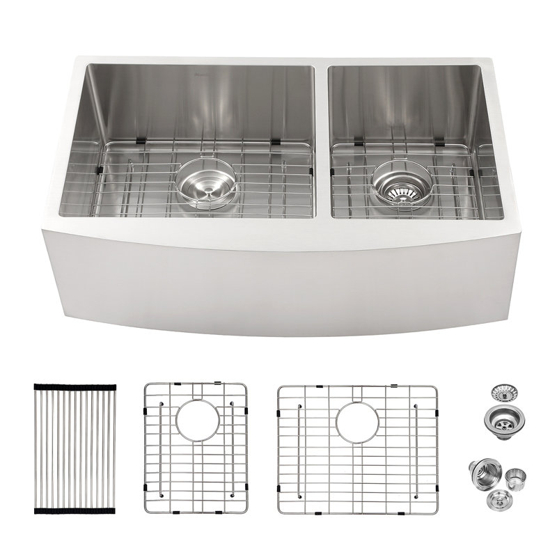 Évier de cuisine à double cuve (60/40) - Évier de cuisine à tablier frontal en acier inoxydable de calibre 16 avec deux cuves profondes de 10 po x 21 po x 10 po